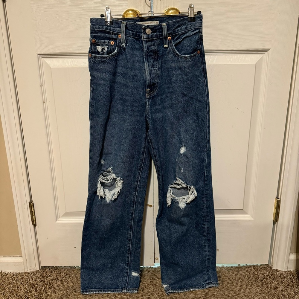 Levi's Dark Blue Straight Leg Jeans with Knee Distress